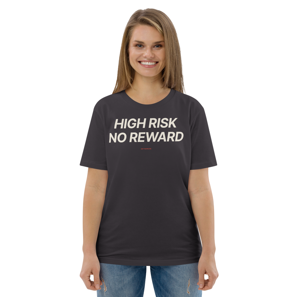 Woman wearing the High Risk No Reward T-shirt in anthracite, front view