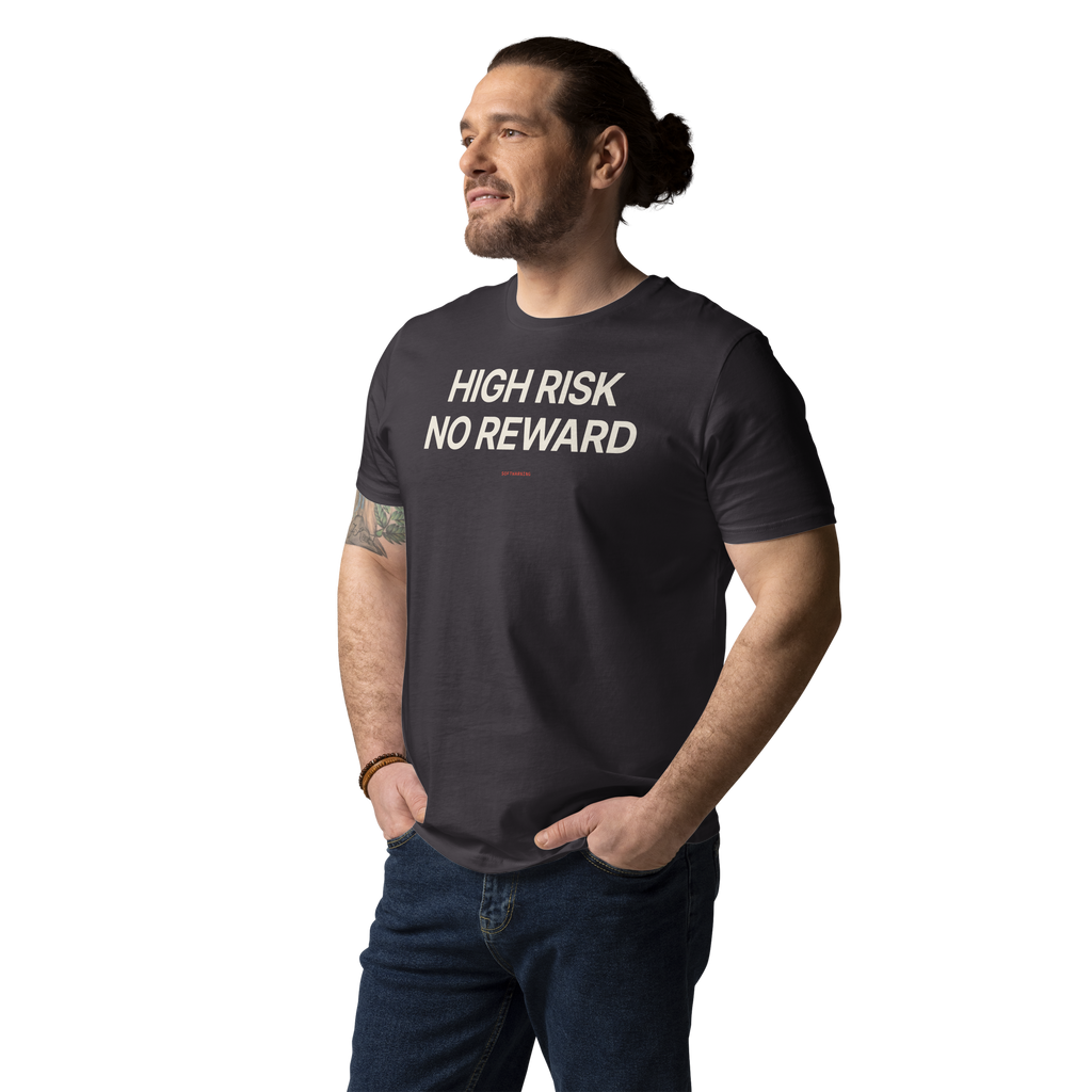 Man wearing the High Risk No Reward T-shirt in anthracite, front view