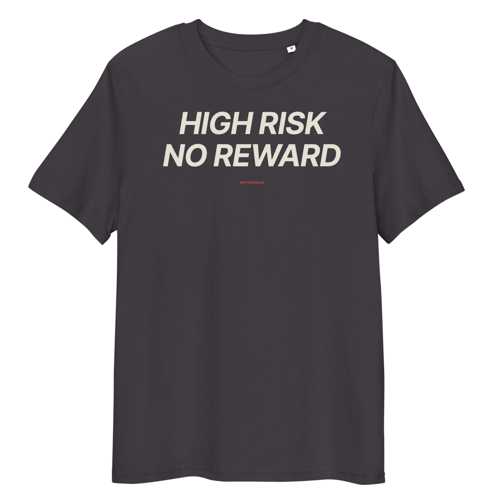 Close-up of the High Risk No Reward T-shirt print in anthracite, front view
