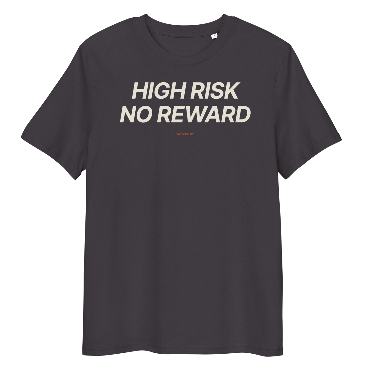 Close-up of the High Risk No Reward T-shirt print in anthracite, front view