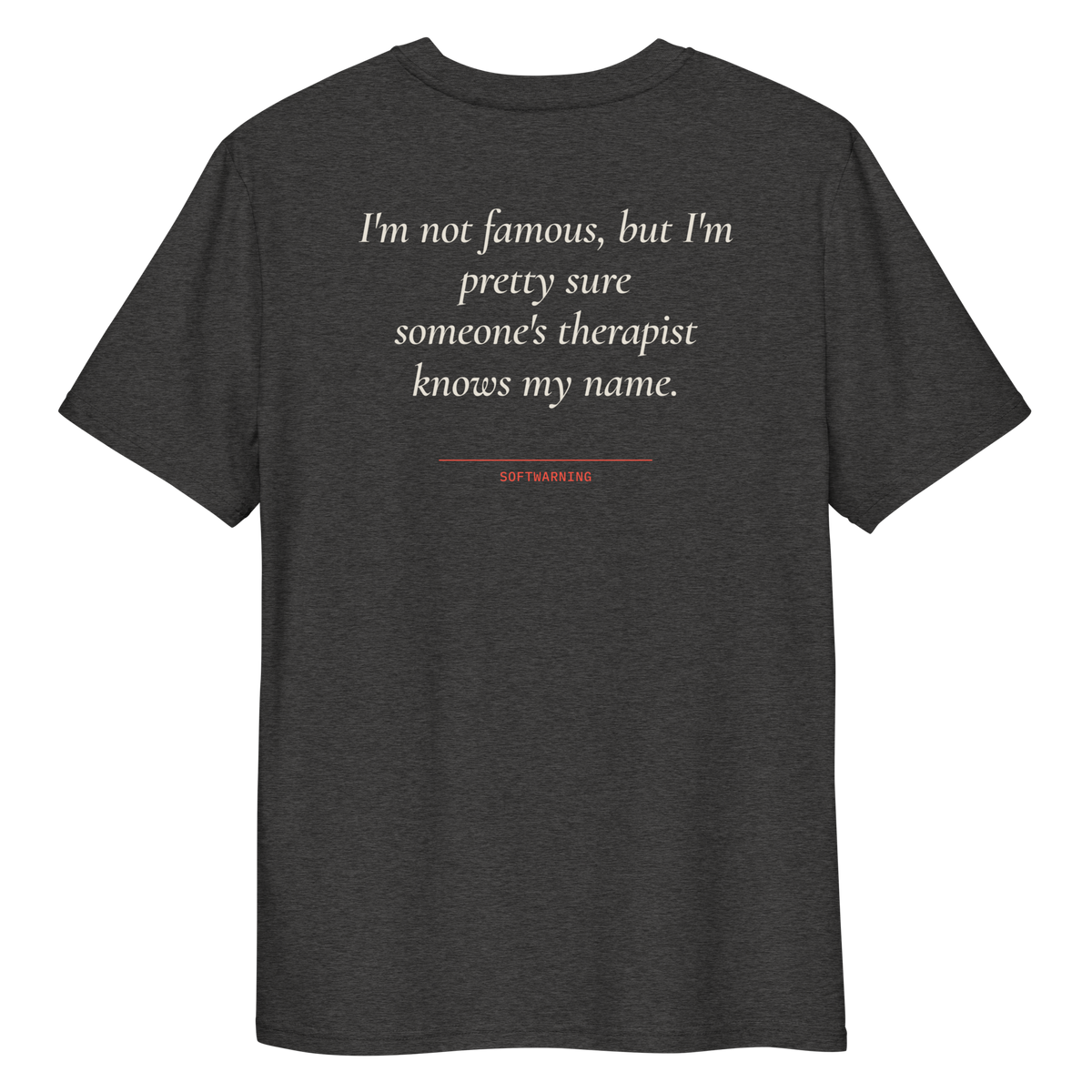 Close-up of the I’m Not Famous but I’m Pretty Sure Someone’s Therapist Knows My Name T-shirt print in dark heather grey, back view