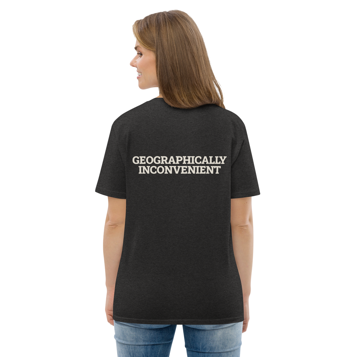 Woman wearing the Geographically Inconvenient T-shirt in dark heather grey, back view