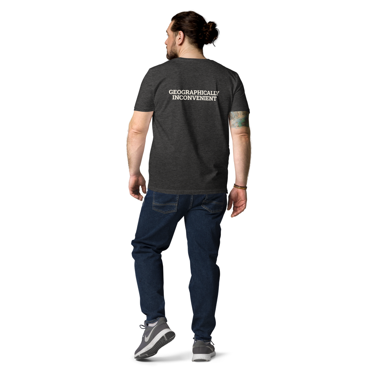 Man wearing the Geographically Inconvenient T-shirt in dark heather grey, back view