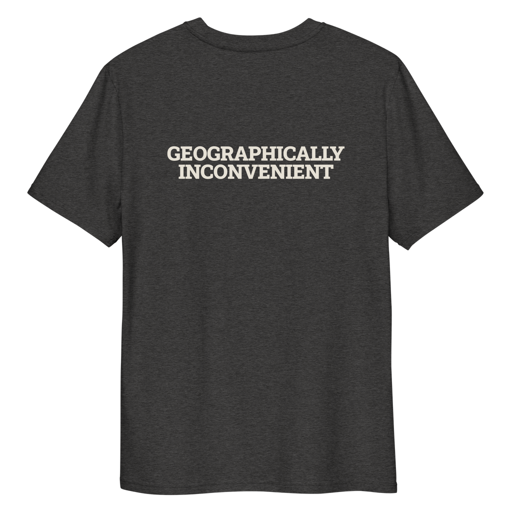 Close-up of the Geographically Inconvenient T-shirt print in dark heather grey, back view