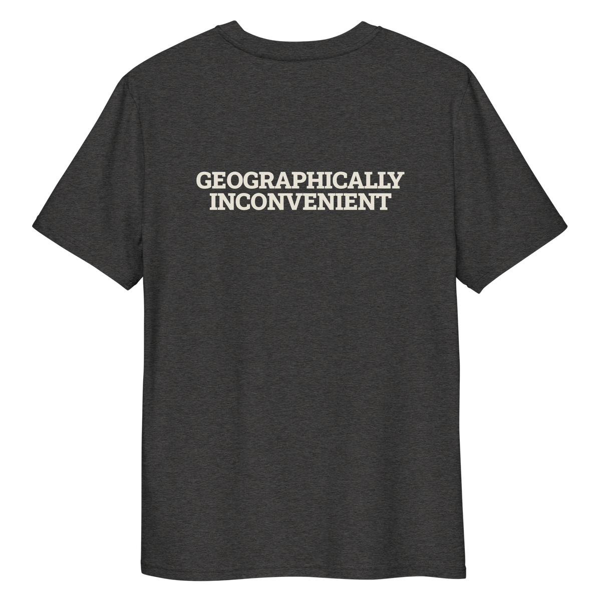 Close-up of the Geographically Inconvenient T-shirt print in dark heather grey, back view