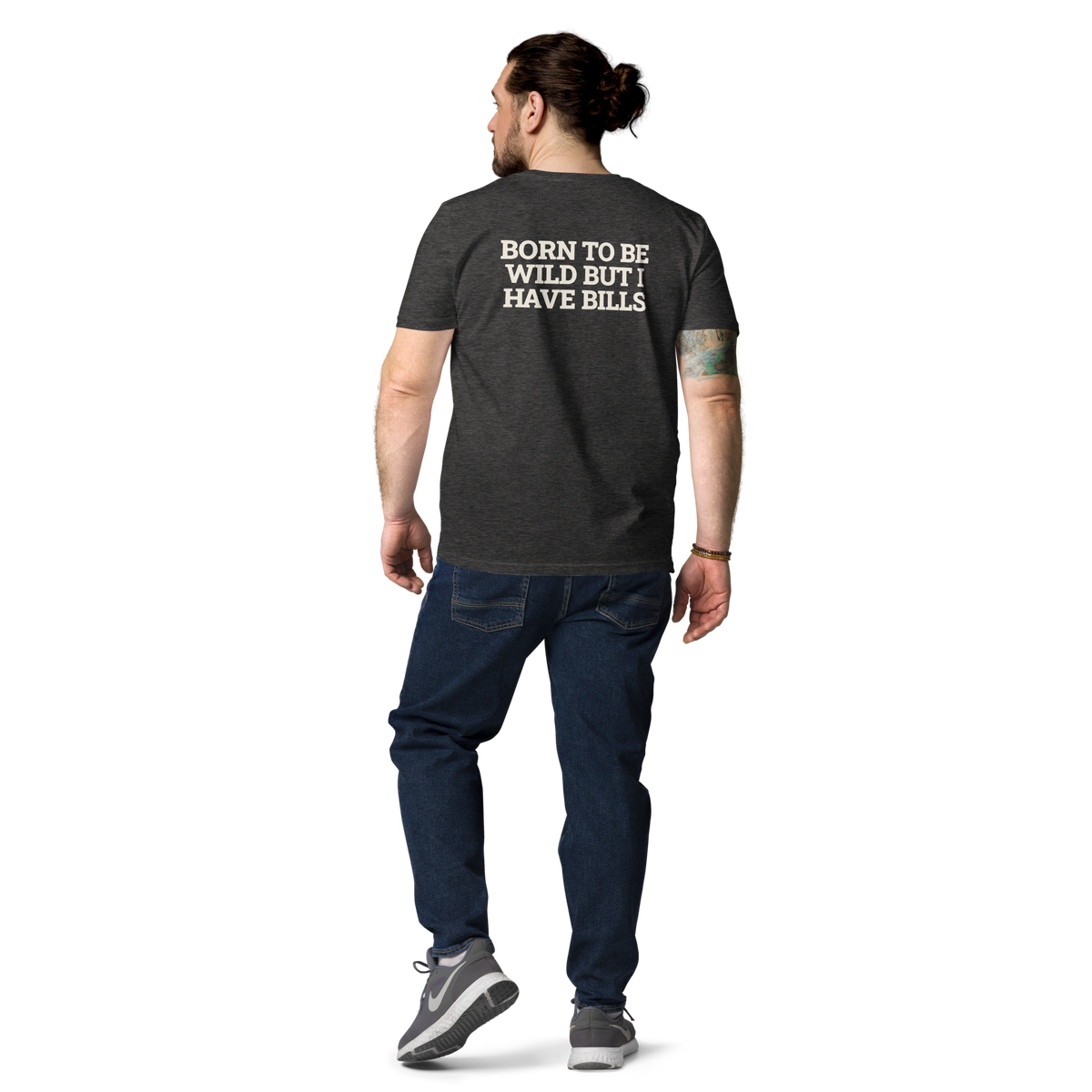 Man wearing the Born to Be Wild, but I Have Bills T-shirt in dark heather grey, back view