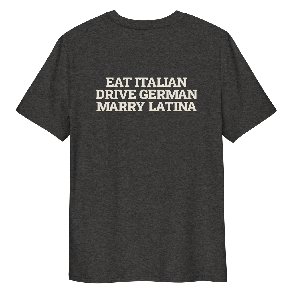 Close-up of the Eat Italian. Drive German. Marry Latina T-shirt print in dark heather grey, back view