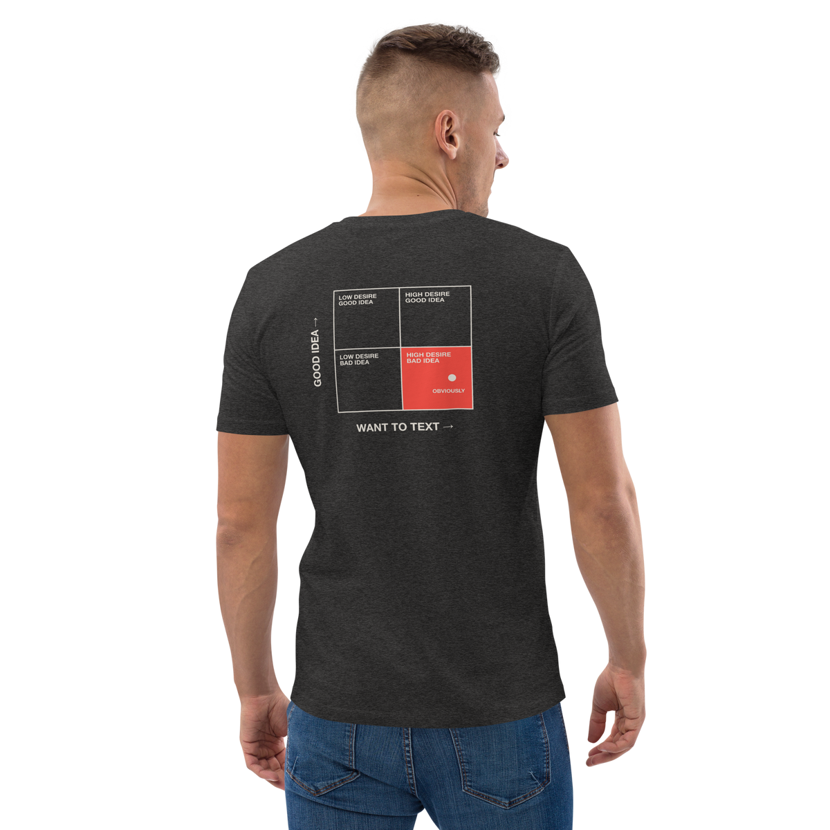 Man wearing the Should I Text Them? T-shirt in dark heather grey, back view