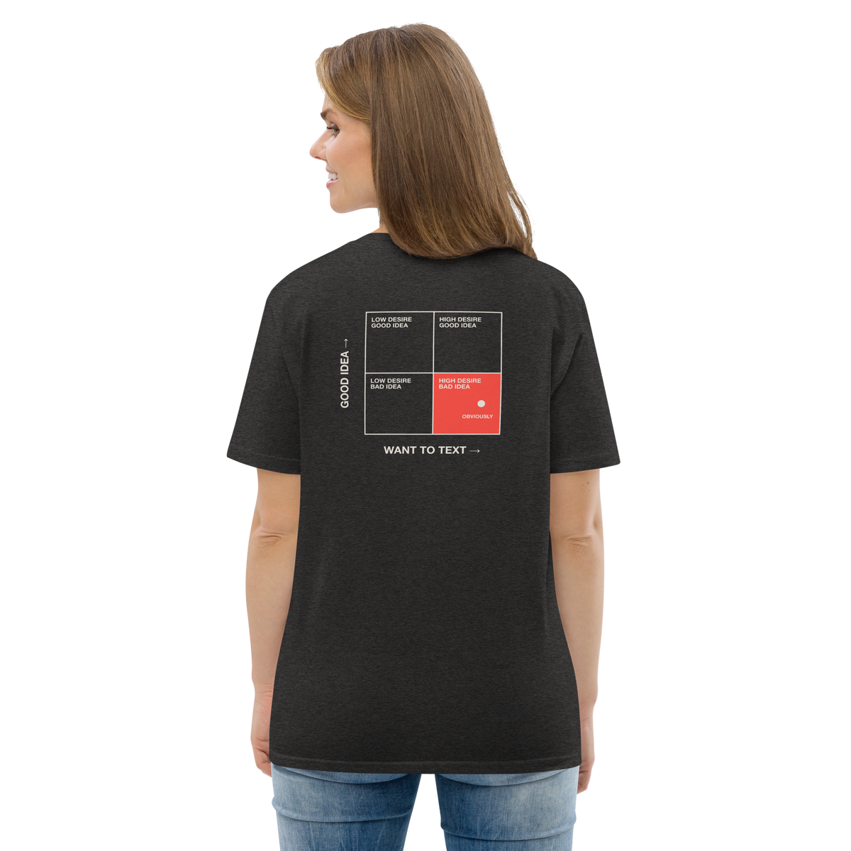 Woman wearing the Should I Text Them? T-shirt in dark heather grey, back view