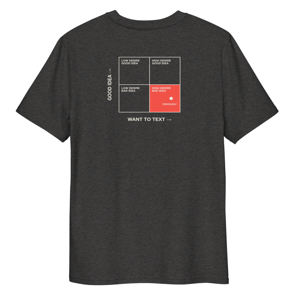 Close-up of the Should I Text Them? T-shirt print in dark heather grey, back view