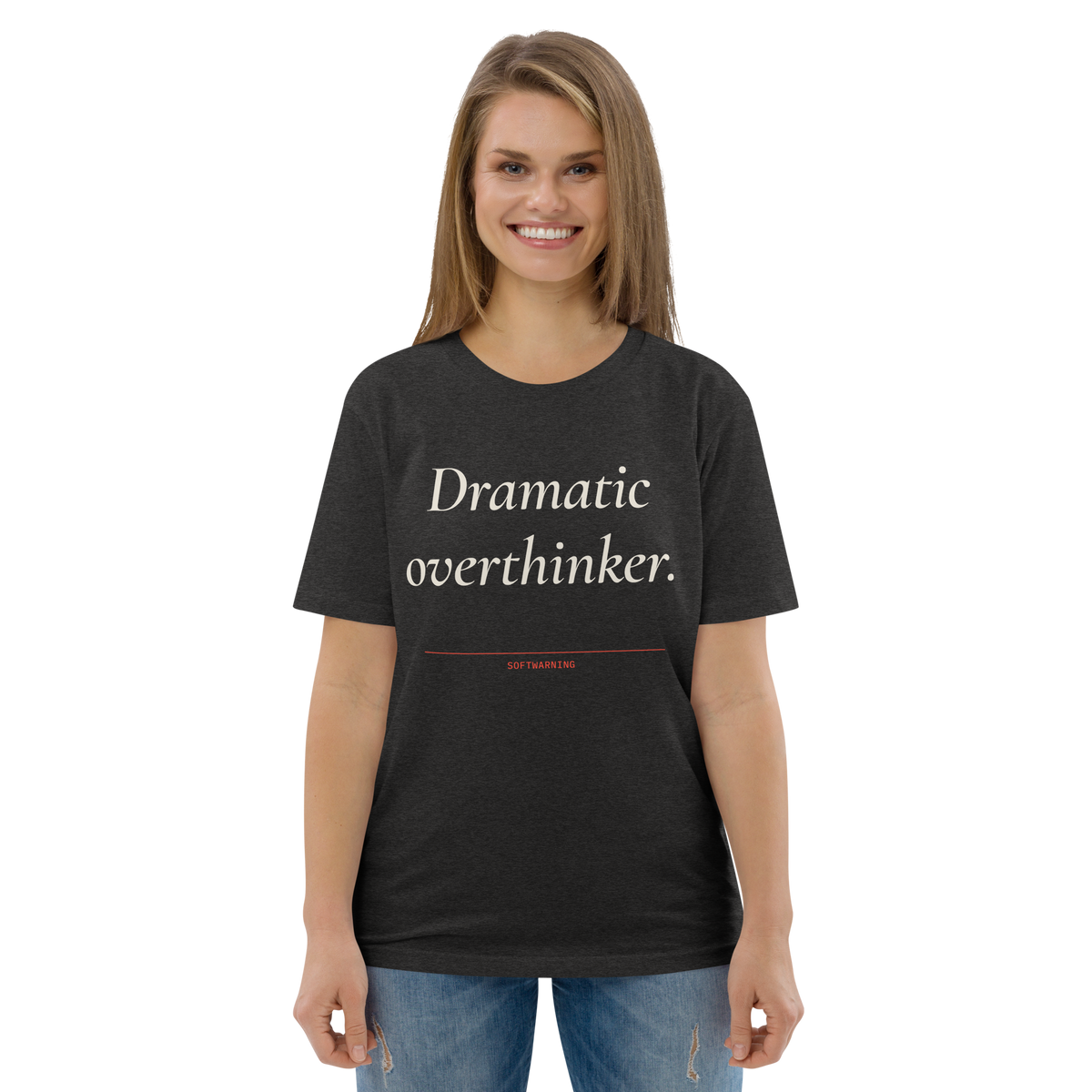 Woman wearing the Dramatic Overthinker T-shirt in dark heather grey, front view