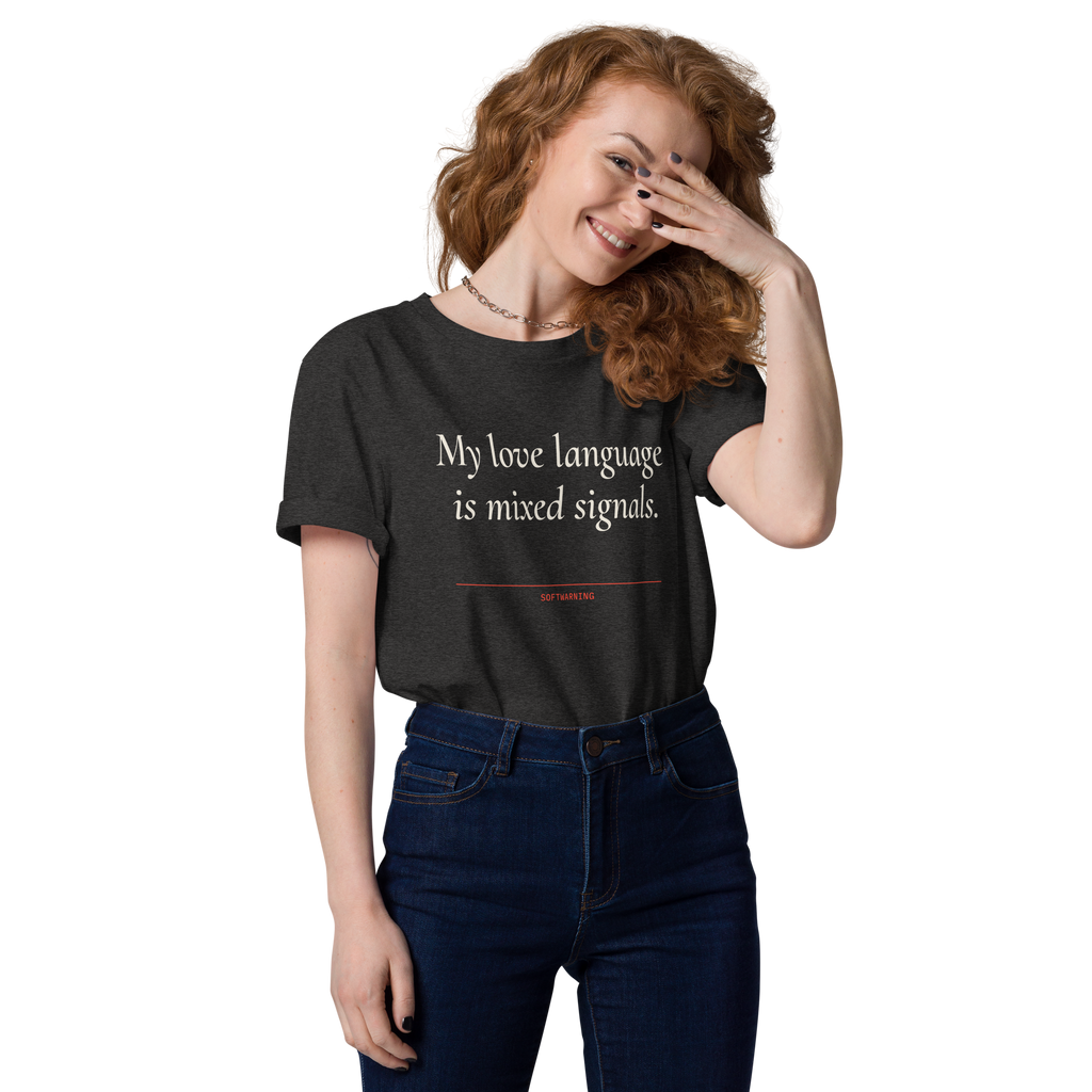 Woman wearing the My Love Language Is Mixed Signals T-shirt in dark heather grey, front view