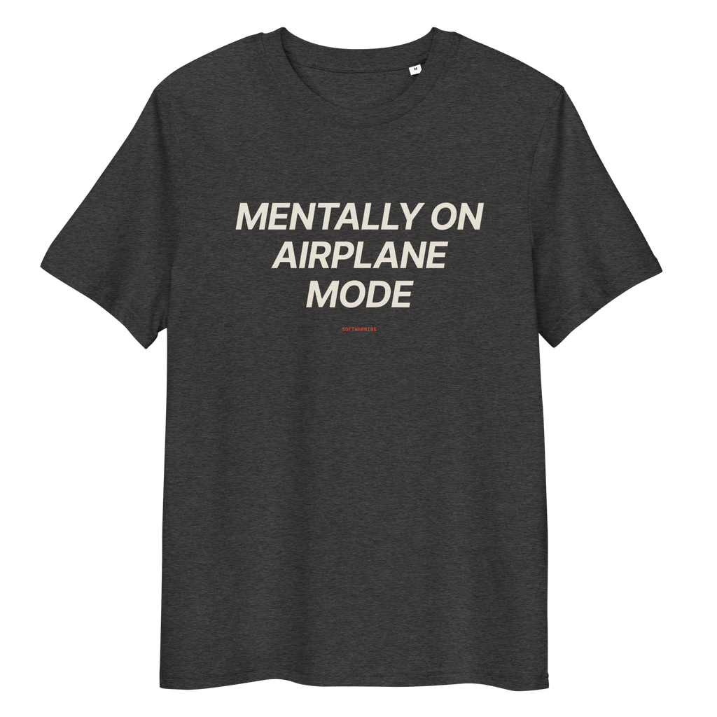 Close-up of the Mentally on Airplane Mode T-shirt print in dark heather grey, front view