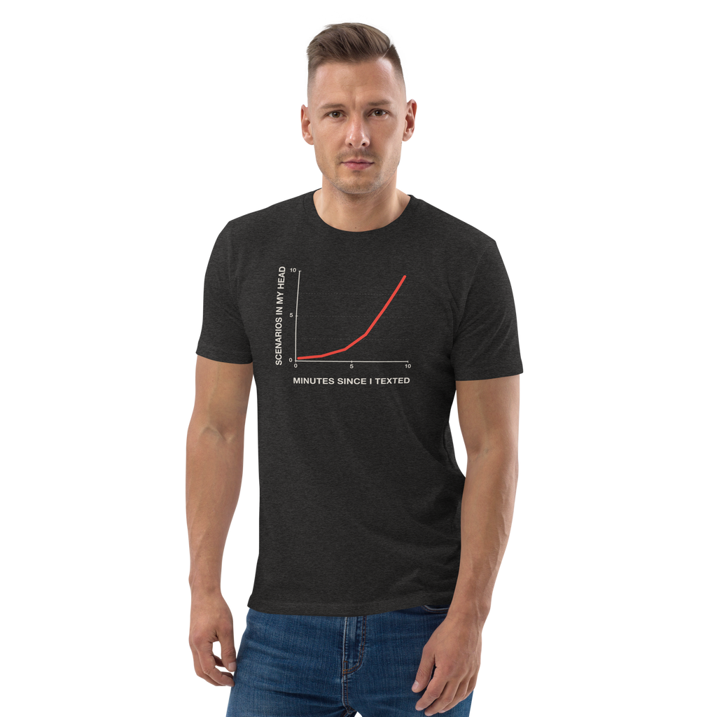 Man wearing the Post-Text Analysis T-shirt in dark heather grey, front view