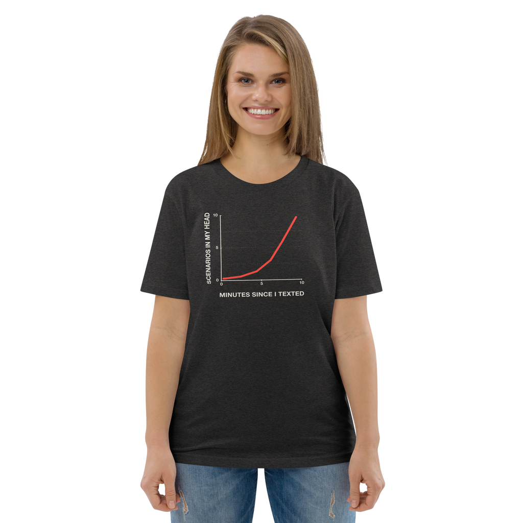 Woman wearing the Post-Text Analysis T-shirt in dark heather grey, front view