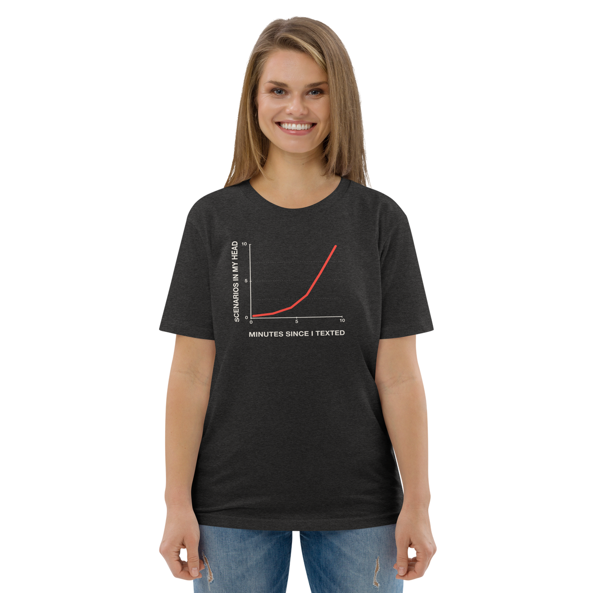 Woman wearing the Post-Text Analysis T-shirt in dark heather grey, front view