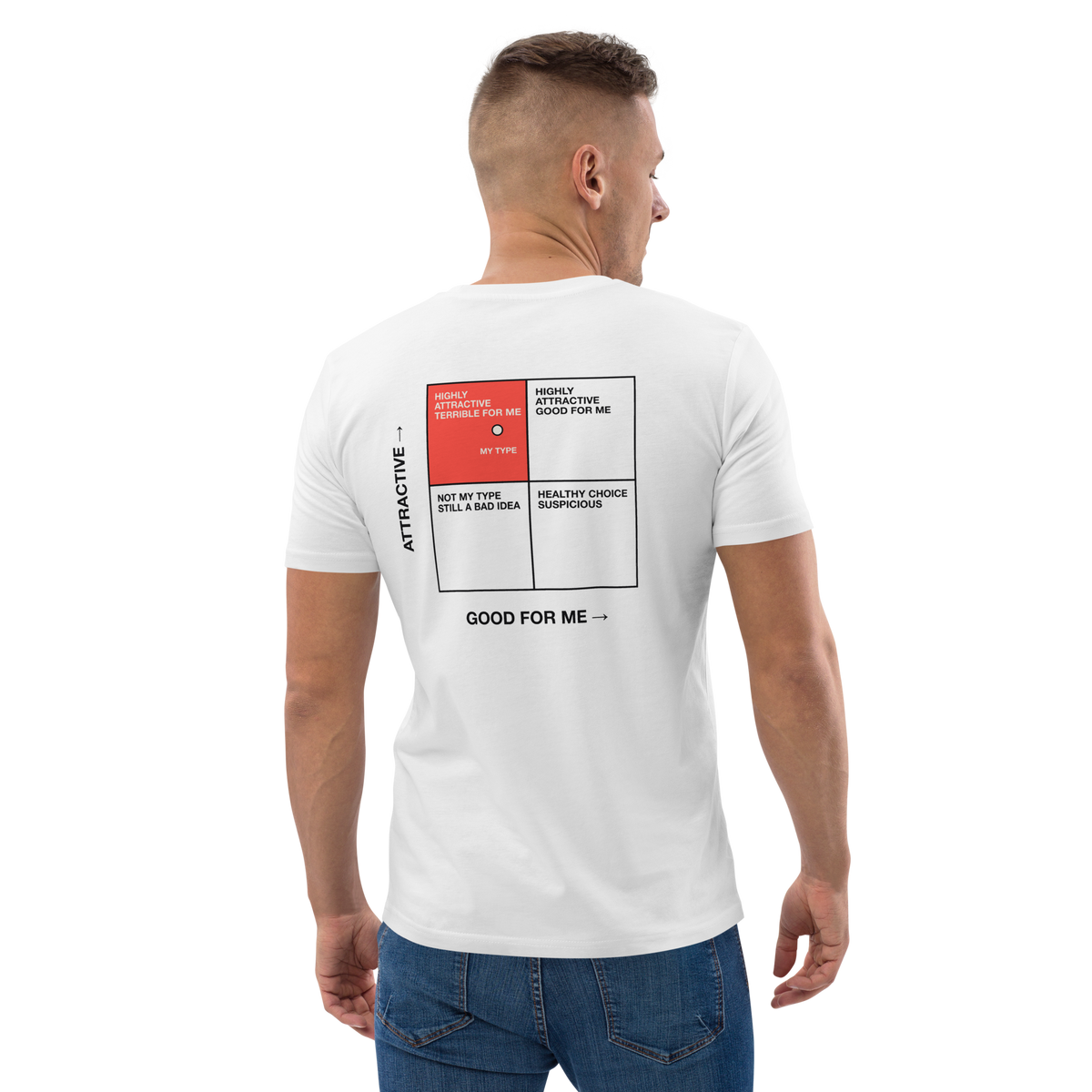 Man wearing the My Type T-shirt in white, back view