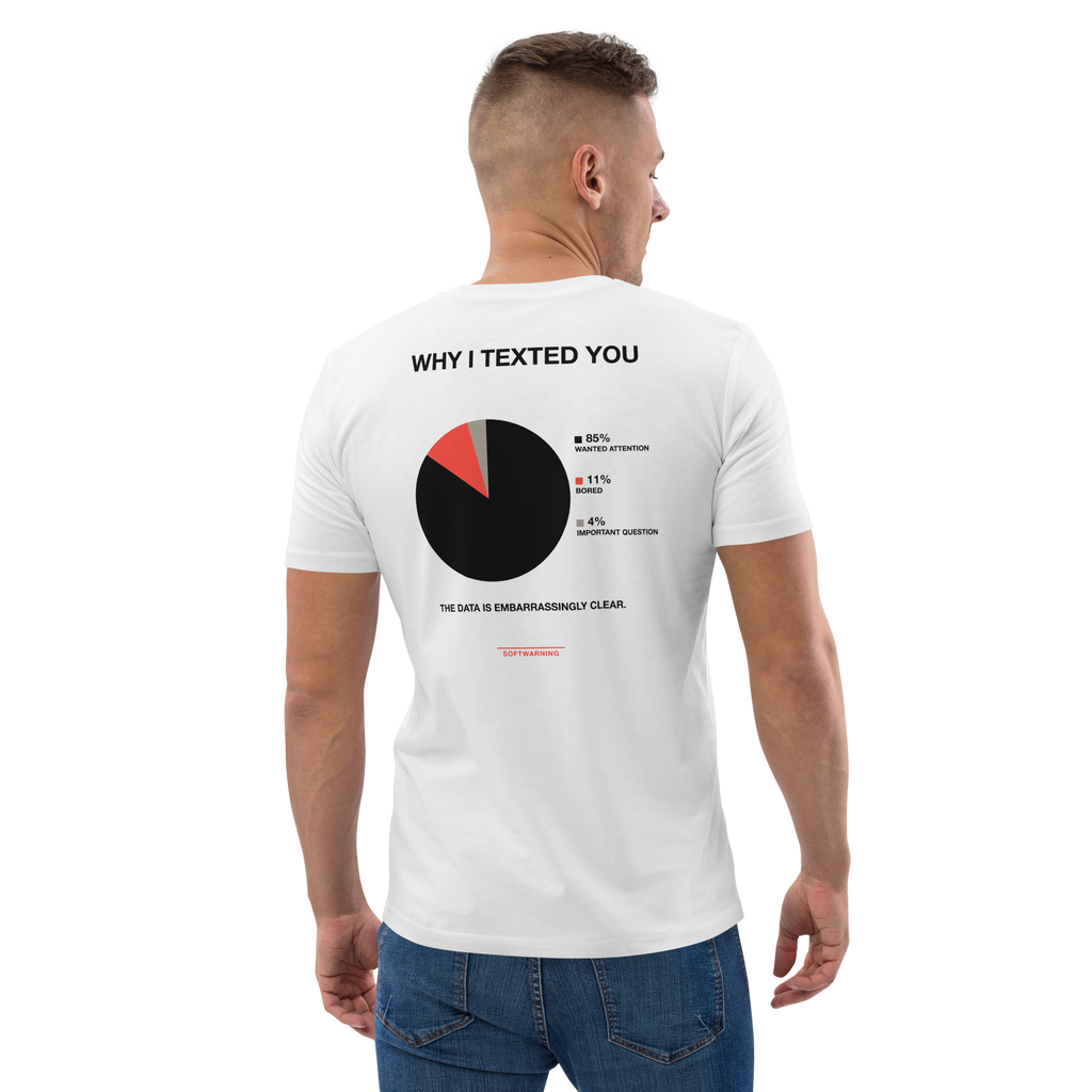 Man wearing the Why I Texted You T-shirt in white, back view
