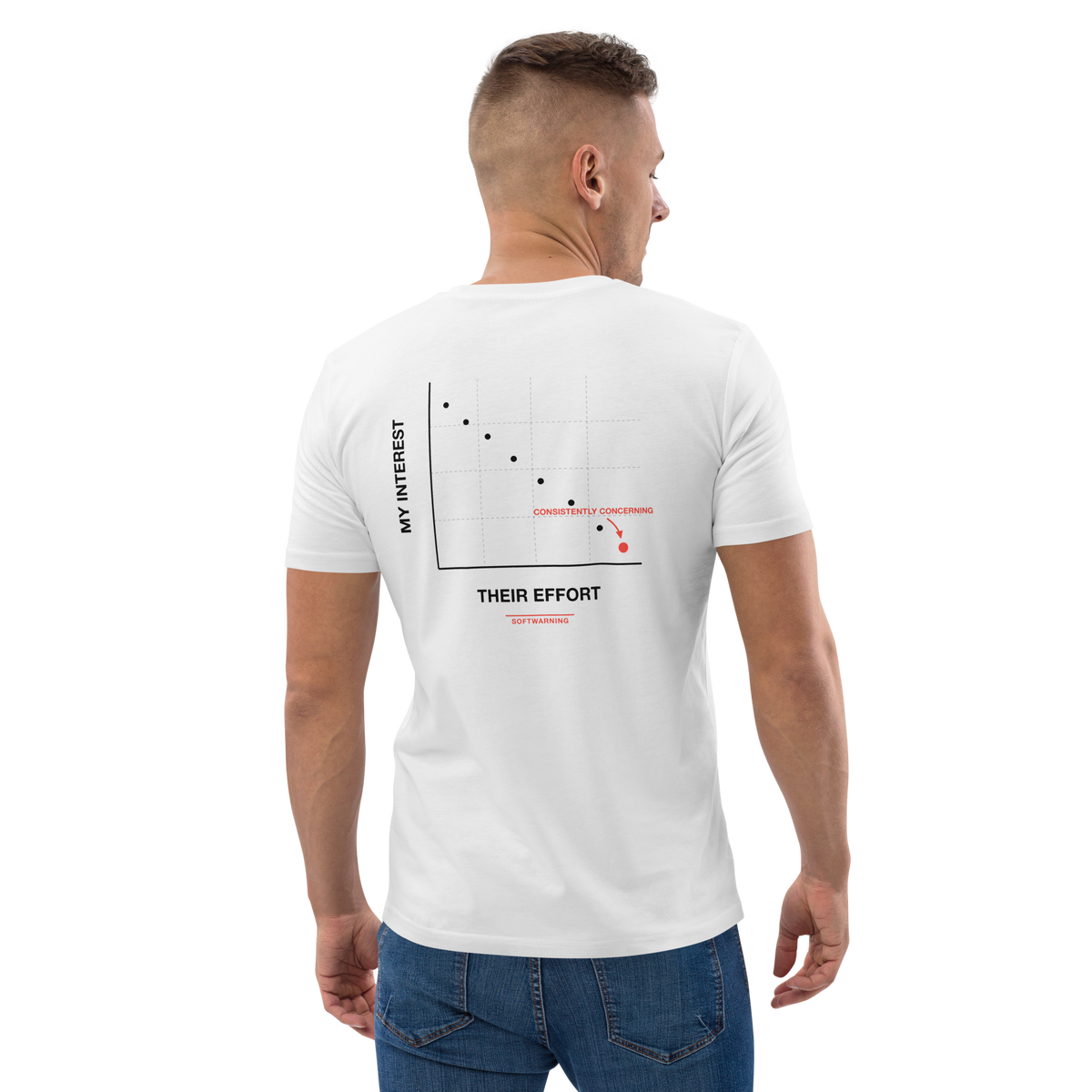 Man wearing the Effort vs. Interest T-shirt in white, back view