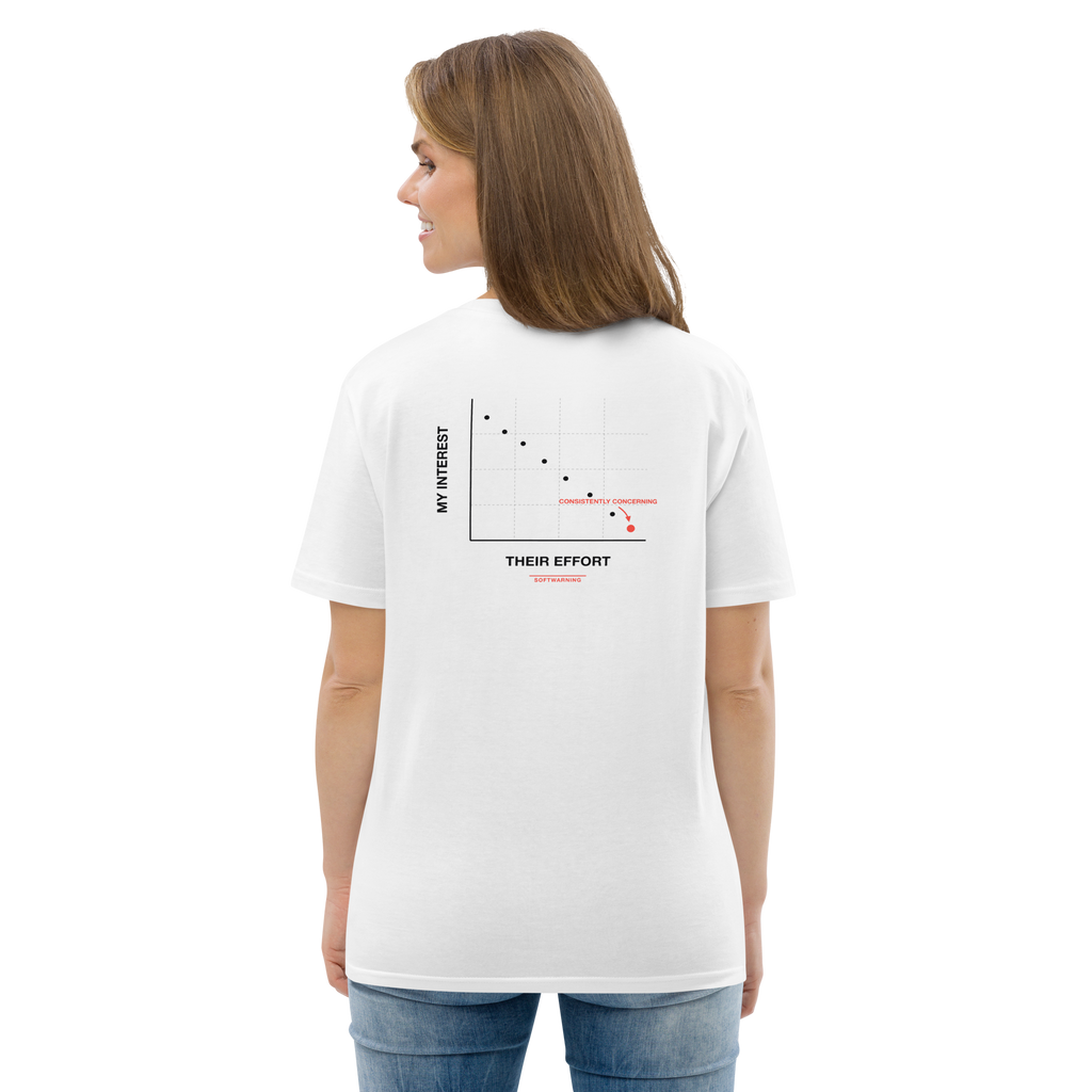 Woman wearing the Effort vs. Interest T-shirt in white, back view