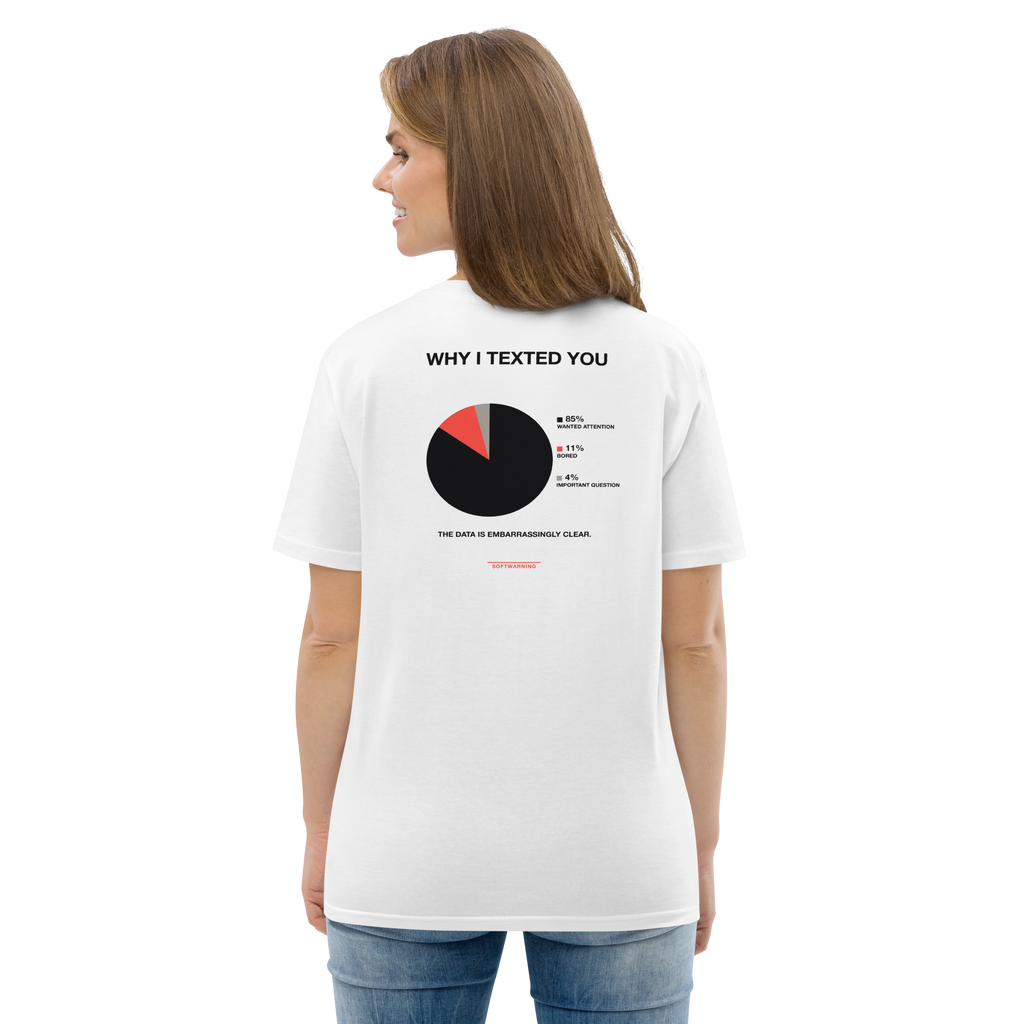Woman wearing the Why I Texted You T-shirt in white, back view