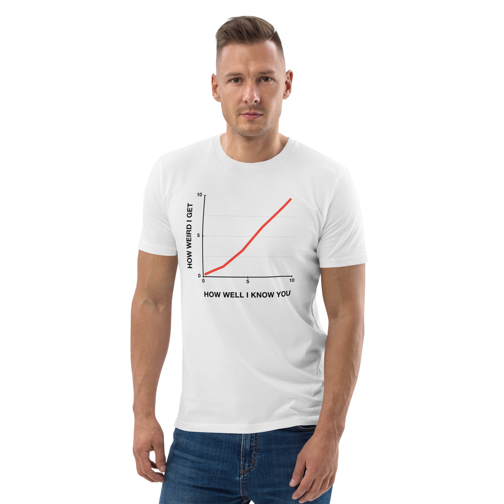Man wearing the The Weirder I Get T-shirt in white, front view