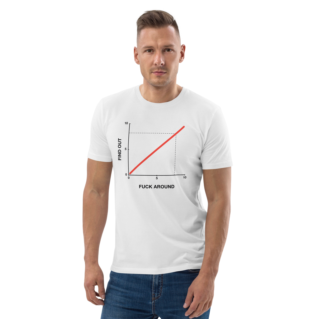 Man wearing the Fuck Around. Find Out. T-shirt in white, front view