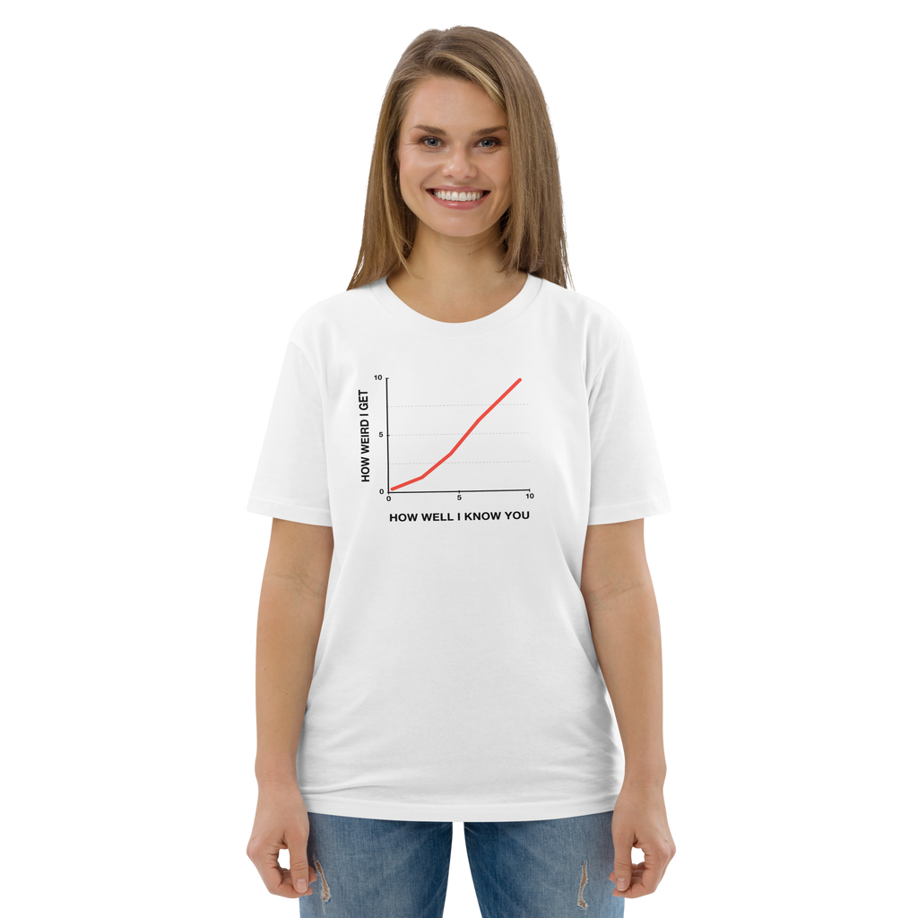 Woman wearing the The Weirder I Get T-shirt in white, front view