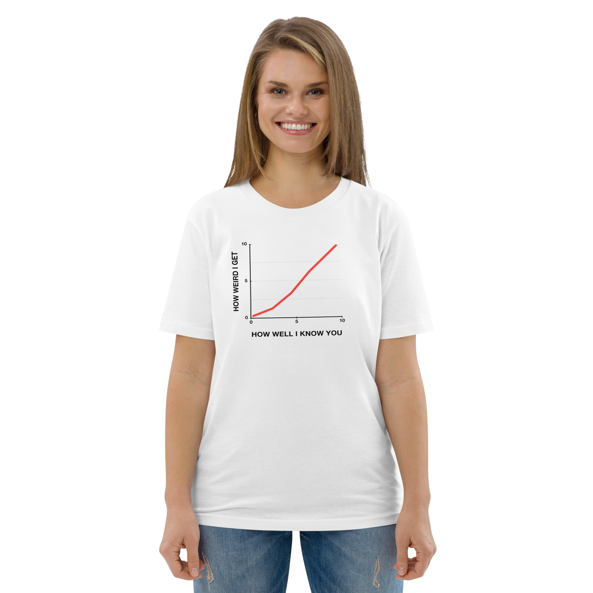 Woman wearing the The Weirder I Get T-shirt in white, front view