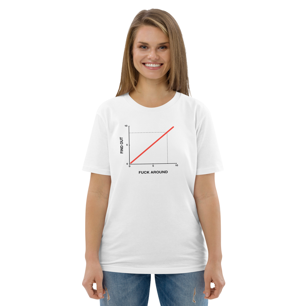 Woman wearing the Fuck Around. Find Out. T-shirt in white, front view