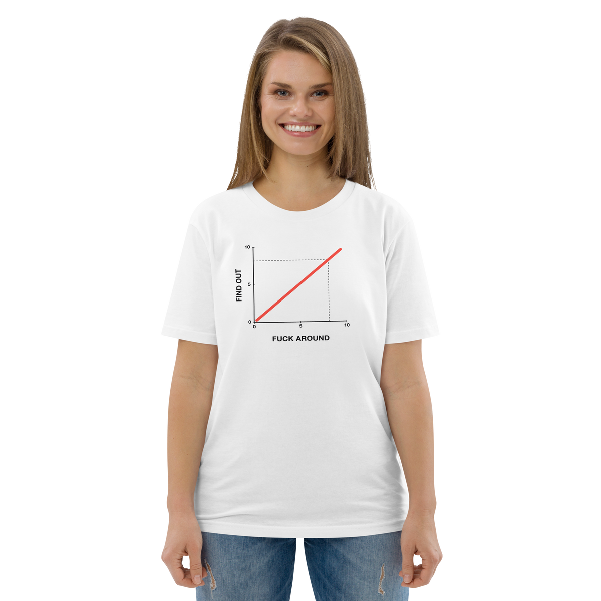Woman wearing the Fuck Around. Find Out. T-shirt in white, front view
