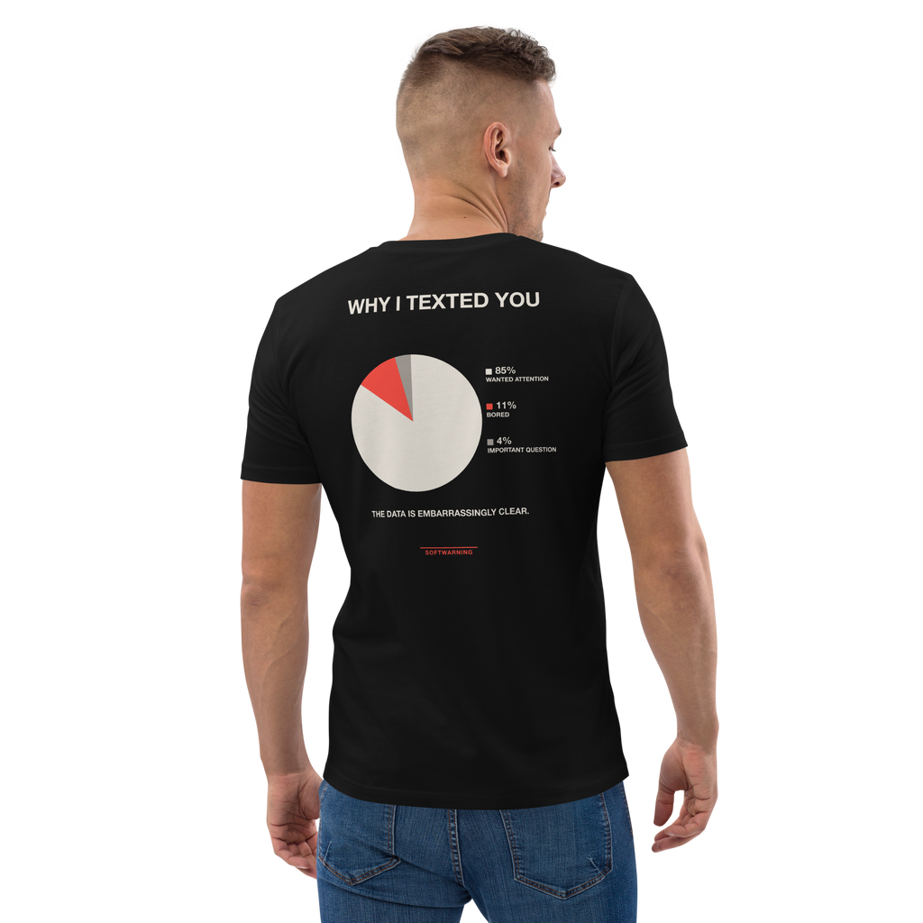 Man wearing the Why I Texted You T-shirt in black, back view