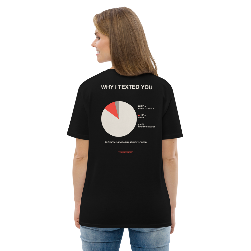 Woman wearing the Why I Texted You T-shirt in black, back view